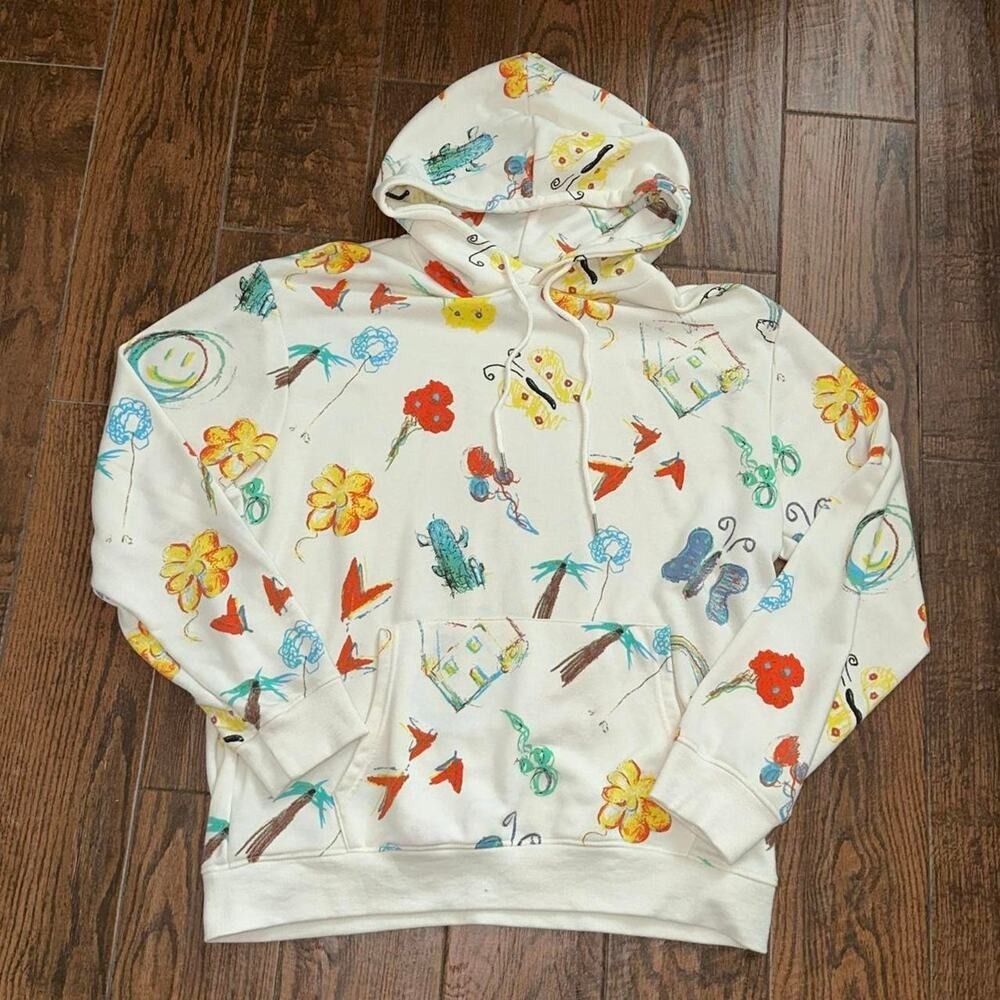 Forever 21 Men Crayon Drawing All Over Print Hoodie Cream XL Streetwear Pullover